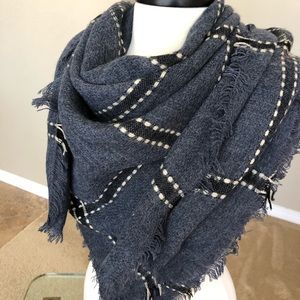 Blue & Black Plaid Blanket Scarf Wrap Fringe Trim